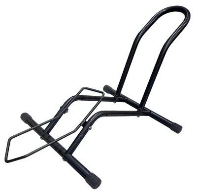 Immagine prodotto di Supporto per biciclette Relaxdays, da pavimento, per ruote da 16-29 pollici, con larghezza del pneumatico fino a 9 cm, supporto per ruota anteriore e posteriore, basculante, in ferro, colore nero, Immagine generata dall'IA