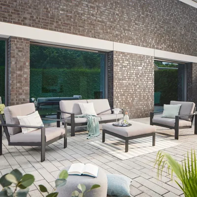 Zdjęcie produktu dla HOME DELUXE - Zestaw mebli ogrodowych - Rio - czarny, rozmiar L - składający się z 1x stołek, 2X fotel 1x sofa - w tym poduszki - kolor czarny I grupa siedzeń ogrodowych meble balkonowe do salonu ogrodowego