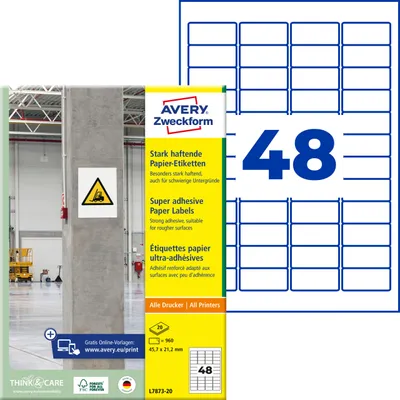 Produktbild von Avery Zweckform L7873-20, Stark haftende Papier-Etiketten, A4, 45,7 x 21,2 mm, 960 Etiketten / 20 Bögen, weiß