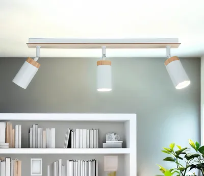 Immagine prodotto di Faretto lungo in legno bianco L:72cm 3 luci GU10 orientabili Lampada spot scandinava da soffitto soggiorno