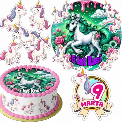 Produktbild von Zestaw Opłatek Na Tort 20Cm + 16 Postaci - Jednorożec + Imię 15Cm 18Cm
