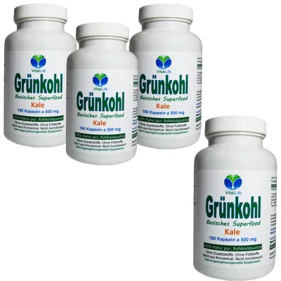 Produktbild von Grünkohl pur 720 (4x180) Kapseln Vitalstoff Champion & Superfood - Sulforaphan Lutein Antioxidantien - Rohkostqualität. NATUR pur OHNE Zusatzstoffe.