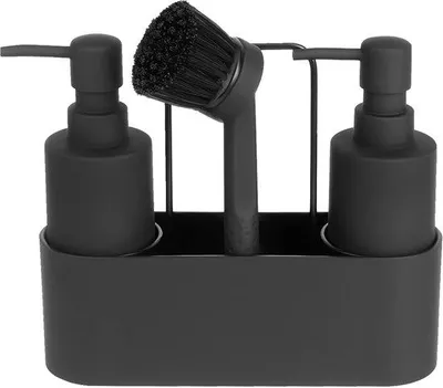 Immagine prodotto di Set di organizzazione per la cucina nero opaco 4-in-1 – 2 flaconi erogatori da 300 ml, portaspugna, portaspazzola e portasciugamano, in ABS, per lavello (22,3 x 7 x 7,8 cm)