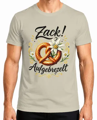 Immagine prodotto di Maglietta da uomo con motivo "Edelweiß", pantaloni in pelle, brezel, elementi naturali, taglia L