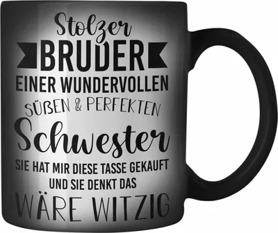 Produktbild von Trendation - Bruder Geschenk von Schwester - Stolzer Bruder - Farbwechsel Zauber-Tasse mit Spruch Karabiner Farbwechsel Zauber-Tasse Edelstahl Bruder Geschenkidee (Schwarz)