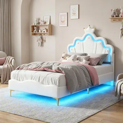 Produktbild von INONEFT Kinderbett 90x200 cm mit LED-Beleuchtung, Polsterbett mit Verstellbares Kopfteil in Kronenform, Modernen Einzelbett mit Lattenrost, PolyurethanWeiß