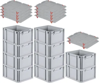Produktbild von SparSet 10x Eurobox NextGen Economy mit Auflagedeckel und 4x Schiebeschnappverschlüsse Rot | Griffe geschlossen | HxBxT 22x30x40cm | 20 Liter | Eurobehälter, Transportbox, Transportbehälter, Stapelbehälter