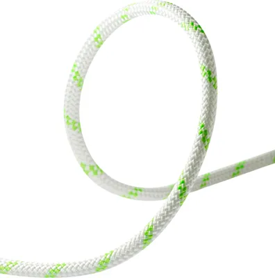 Edelrid Pintail 10;0mm Kletterseil in Weiß mit grünen Akzenten; geschwungen dargestellt auf schwarzem Hintergrund.