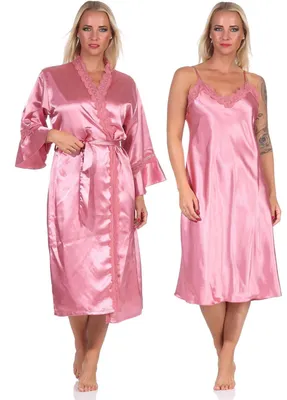 Obrázek produktu pro Dámská dvoudílná noční košile Kimono Saténový župan s krajkou; starorůžová/M/38