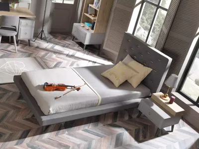 Produktbild von Kinderzimmer Garnitur Jugendbett Nachttisch Bett Holz Grau 100 cm 2tlg