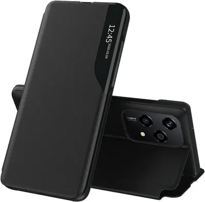 A black flip case for a smartphone is shown, with the phone partially visible inside.