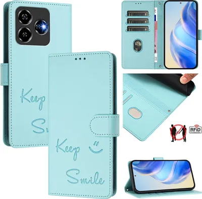 Immagine prodotto di Per ZTE Blade V60 Vita / Axon 60 Lite Keep Smile Art Pelle RFID Custodia protettiva per cellulare Turchese