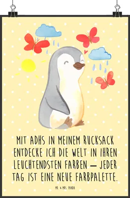Produktbild von Mr. & Mrs. Panda Bild Pinguin ADHS DIN A5 - Gelb Pastell - Geschenk, Aufmerksamkeitsdefizitsyndrom, Plakat, Hyperaktivitätsstörung, drucke, wanddeko, Verhaltensstörung