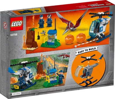 The back of a LEGO Juniors Pteranodon Escape playset box, showing the contents and a smaller inset image of the set being built.