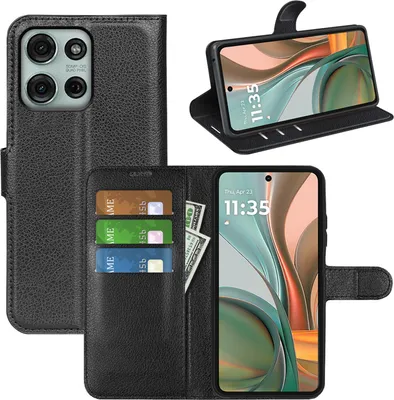 A collage of images showing a black flip wallet case for a Motorola Moto G75 phone, with cards and cash inserted.