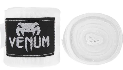 A pair of white boxing handwraps, one rolled and one unrolled, displayed on a white background.