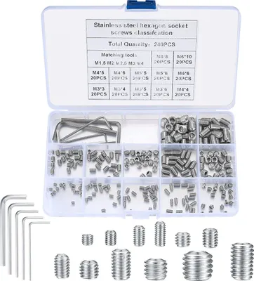 Produktbild von 240-teiliger Edelstahl Madenschrauben Set mit Innensechskant - M3/M4/M5/M6/M8