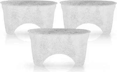 Three white water filter cartridges are arranged in a staggered formation against a white background.