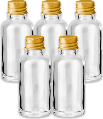 Produktbild von 5x Klarglasflasche 30 ml mit goldenem Aluminium Schraubverschluss leer
