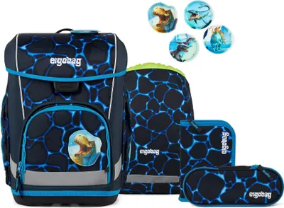 A collection of school supplies including a backpack, a pencil case, and a smaller pouch, along with four round decorative patches, all featuring a dinosaur theme and a blue, black, and green color scheme.