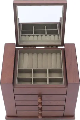 Image de Rangement pour bijoux - Boîte à bijoux - 5 étages - 4 tiroirs - Avec miroir - En bois - Grande capacité - Marron
