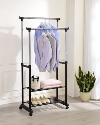 Produktbild von Garderobenwagen Kleiderständer Rollgarderobe NELMA, mit 2 Ablagen und Kleiderstangen, 4 Rollen, schwarz chrom