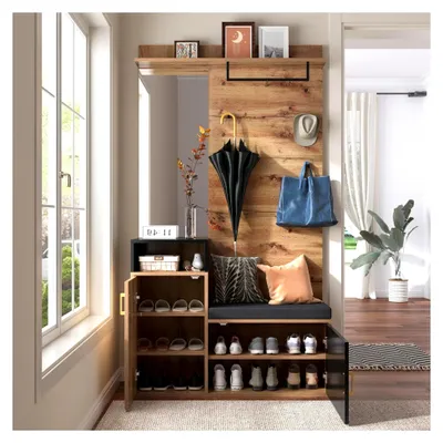 Produktbild von Flurgarderobe Set mit Spiegel, Schuhschrank und Sitzbank | Kompaktgarderobe für kleine Räume | Modernes Flurmöbel Set in Schwarz und Holz | Garderobenset für den Eingangsbereich