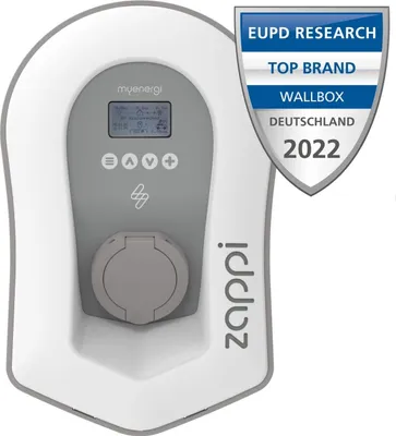 A white and gray electric vehicle charging station with a certification badge.