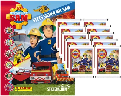 A collage of a Feuerwehrmann Sam sticker album and sticker packs.