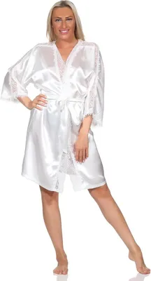 Produktbild von Damen Morgenmantel kurzer Kimono Satin mit Spitze;  Ecru/L