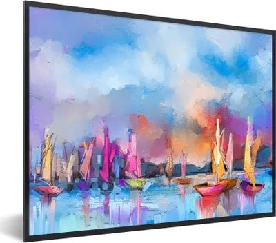 Produktbild von MuchoWow® Gerahmtes Poster Malerei - Boote - Wasser 80x60 cm - Poster mit Schwarzem Bilderrahmen Wandposter Rahmen Foto Bilder - Schwarzem - Mit Gestell