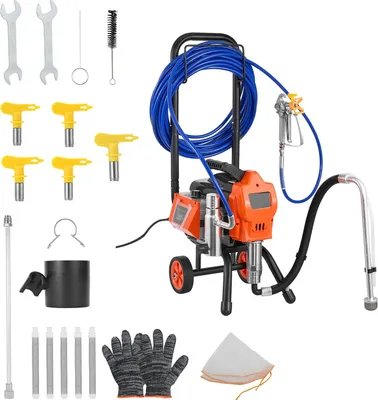 Immagine prodotto di Spruzzatore airless SucceBuy con supporto, potenza di 1500 W e pressione di 3300 psi. Include spazzola di pulizia, tubo flessibile, asta di prolunga e ugelli. Ideale per l'uso in case ed edifici.