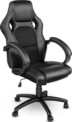 A black racing-style office chair shown from a diagonal front angle against a white background.