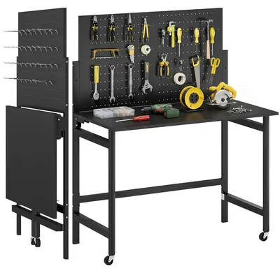 Produktbild von Klappbare Werkbank mit Rollen, 115 x 62 x 143,5 cm, Arbeitsplatte mit Lochwand, 30 Haken, schwarz
