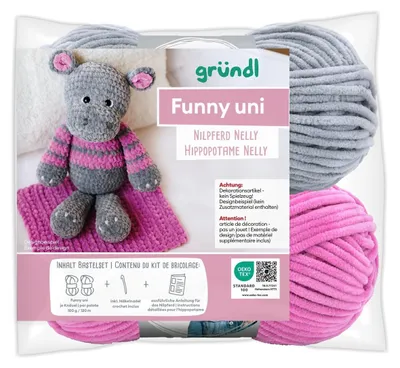 Produktbild von Gründl Funny uni Häkelset,Häkeltier,2 x100g Funny uni Chenillegarn, 1 Häkelnadel +Anleitung Deutsch Nilpferd Nelly