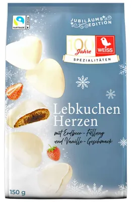 Produktbild von Weiss Gefüllte Lebkuchen Herzen Erdbeer-Vanille Weiße Schokolade 150g