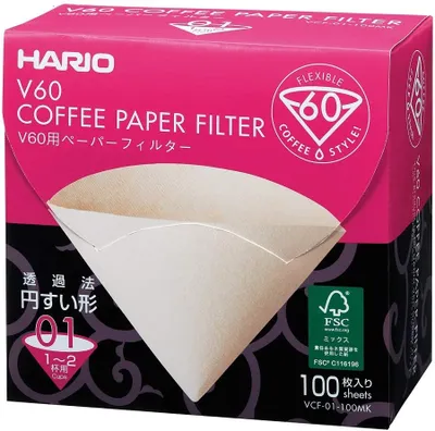 Obrázok produktu pre Hario V60 veľkosť 01 - 100 kávových filtrov hnedej farby - spolu 100 papierových filtrov VCF-01-100MK