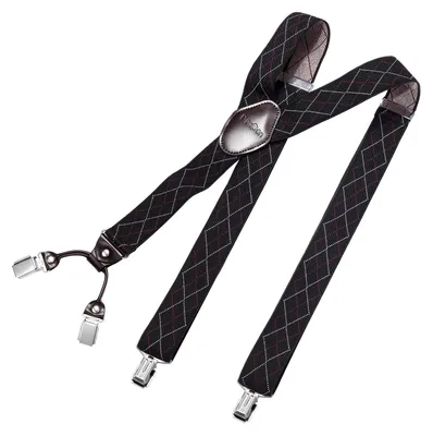 Produktbild von DonDon Herren Hosenträger 3,5 cm breit 4 Clips mit braunem Leder in Y-Form elastisch und längenverstellbar - kariert schwarz