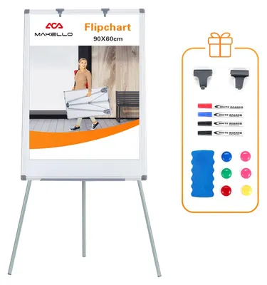 Produktbild von MAKELLO Flipchart 90x60cm, Whiteboard mit Ständer, Höhenverstellbar, Trocken Abwischbar, Tragbare, Magnetische, Flipcharts für Büro