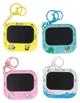 Imagen del producto de 4 mini pizarras en forma de llavero, juguetes divertidos, llaveros para mochilas, ideales para niños y niñas