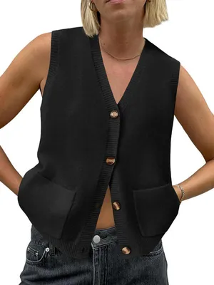 Produktbild von Imily Bela Damen Ärmellose Strickweste – Modischer, lässiger Sommer-Cardigan mit V-Ausschnitt, Knopfleiste und Taschen