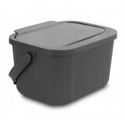 A gray compost bin with a lid and handle is shown against a white background.