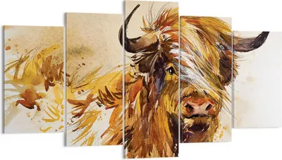 Produktbild von Bild auf Leinwand - Leinwandbild - 5 Teile - Stier Scotch Aquarell - 160x85cm - Wand Bild - Wanddeko - Wandbilder - Leinwanddruck - Bilder - Wanddekoration - Leinwand bilder - Wandbild - EA160x85-4708