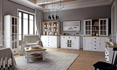 Produktbild von Wohnzimmer Komplett - Set A Segnas, 8-teilig, Farbe: Kiefer Weiß / Eiche Braun