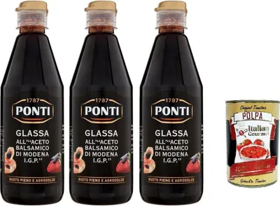 Produktbild von Ponti Glassa all' Aceto Balsamico di Modena, Glasur mit Balsamico-Essig aus Modena I.G.P., 3x 500g + Italian Gourmet polpa 400g