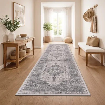 Produktbild von Vintage Boho moderner Wohnzimmerteppich Kurzflor waschbar rutschfest Grau Bunt Grösse 80x300 cm
