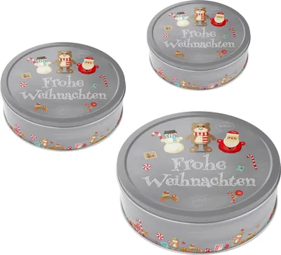 Produktbild von heimtexland ® 3er Set Gebäckdosen Keksdose Vorratsdose Weihnachten Plätzchen Geschenkbox Lebensmittel Aufbewahrung Metalldosen Rund Typ658 Weihnachtstrio