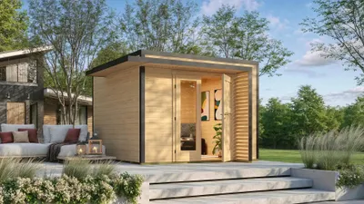 Produktbild von Gartenhaus weka Amberley 28 mm inkl. Fußboden, Doppeltür 350 x 353 cm natur