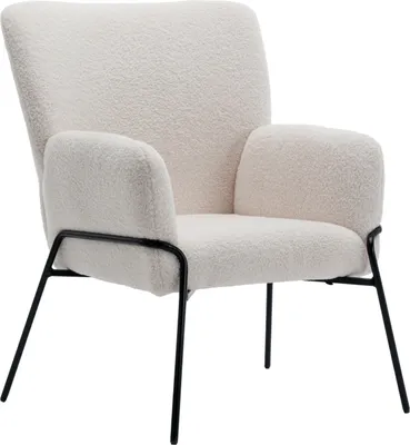 A white teddy fabric armchair with black metal legs, shown from the front-left.