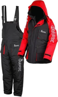A fishing suit consisting of a jacket and bib overalls.